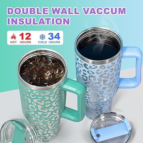 FECBK 40 oz Tumbler with Handle and Straw, 100% Leak-Proof Travel Mug, Stainless Steel Double Wall Vacuum Insulated Coffee Cup Keeps Cold For 34 Hours, Dishwasher Safe, Purple Leopard thumbnail 4
