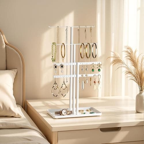 pickpiff Jewelry Stand Organizer, 14.5" Tall Sturdy Metal, 3-TierJewelry Holder for Necklace, Earring, Bracelet, Ring, Hanger for Display and Storage, Aesthetic Room Decor, White thumbnail 2