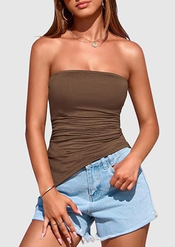 PRETTYGARDEN Womens Summer Tube Tops 2026 Trendy Strapless Ruched Going Out Tops Outfits Asymmetrical Bandeau Shirts thumbnail 7