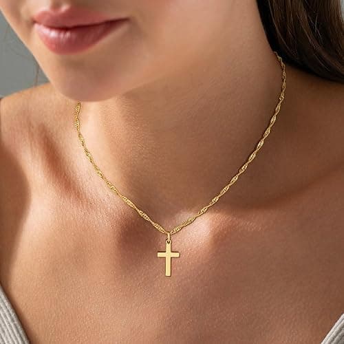 Fezodo Cross Necklace for Women Trendy - Dainty 18K Real Gold Plated Minimalist Cross Necklace Non Tarnish Waterproof Trendy Cute Simple Small Necklaces Easter Christian Religious Faith Jewelry Gifts thumbnail 5