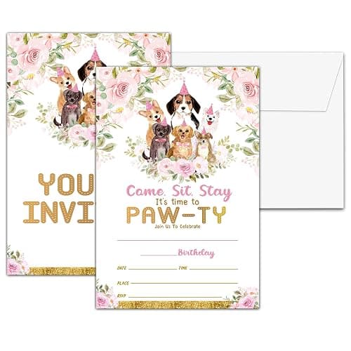 Chuxvon Puppy Dog Birthday Party Invitations, Doggy Birthday Invitation, Double-Sided Fill In Invites, It's Time to Paw-ty Birthday Party Decorations, 20 Cards With 20 Envelopes(D25) - Image 1