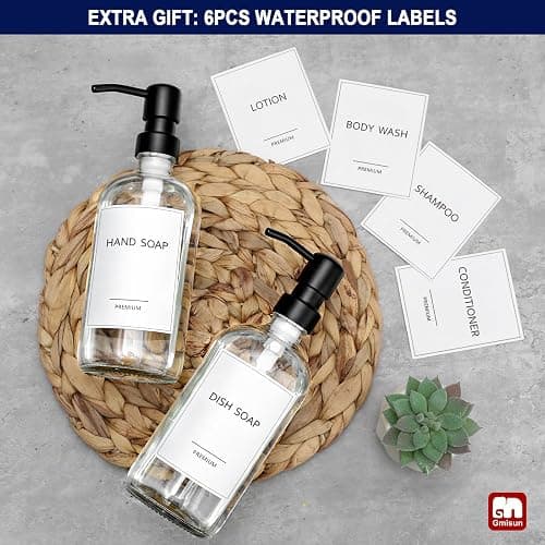GMISUN Glass Soap Dispenser with Pump, 2 Pack Clear Bathroom Hand Soap Dispenser with Stainless Steel Pump, 16 Oz Refillable Kitchen Hand and Dish Soap Dispensers Set, Modern Liquid Pump Bottles thumbnail 7