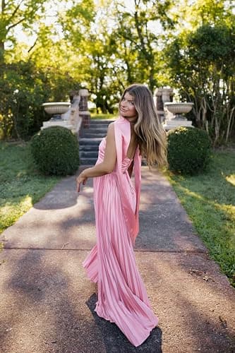 Women Bridesmaid Dress with Scarf Strapless Pleated Satin Flowy Formal Evening Gown Maxi Dresses thumbnail 4