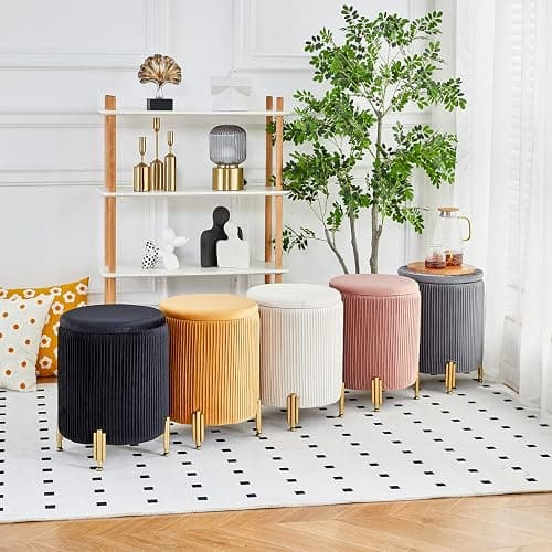 Mxfurhawa Round Ottoman Foot Stool with Storage and Metal Legs for Living Room Bedroom, Velvet Upholstered Footrest Stool Support 300lbs Modern Padded Seat Ottoman Coffee Table (Black) thumbnail 11