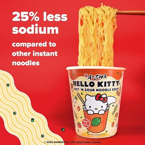 Hello Kitty Instant Ramen Noodle Cup | 6 Pack | Hot and Sour Flavor | Premium Microwaveable Ramen Soup Mix, Asian Snacks thumbnail 7