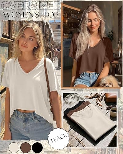 Huukeay 3 Pack Oversized T Shirts for Women Short Sleeve Crop Tops V Neck Irregular Hem Baggy Cropped Tees thumbnail 6