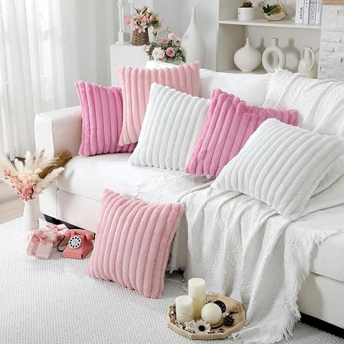 Mixweer 6 Pcs Back to School Faux Fur Plush Throw Pillow Covers 18x18 Inch | Pastel Fluffy Decorative Striped Pillow Covers with Velvet Back for Sleepover Slumber Party Tent, Sofa, Classroom Home Decor thumbnail 2