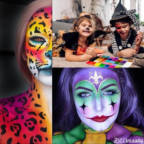 CCbeauty 36 Colors Face Body Paint Oil Based, Safe Neon Face Painting Palette Kit with Translucent Setting Powder,10 Black Brushes for Halloween SFX Special Effects Costume Cosplay Makeup thumbnail 2