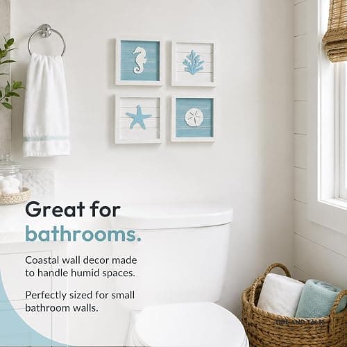 Tide and Tales Coastal Wall Art (Framed Set of 4) Beach Bathroom Wall Decor with Starfish, Seahorse, Sand Dollar and Coral - Ocean Theme Turquoise Room Decor - Seashell Beach Decorations for Home 7" x 7" thumbnail 4