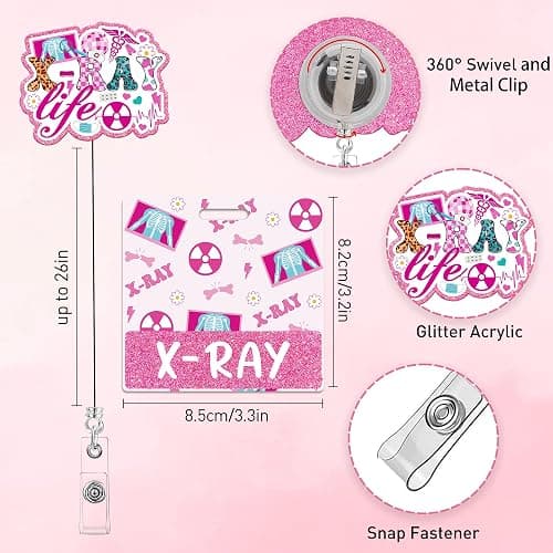 Obookey Xray Badge Buddy, Pink Radiology Badge Buddy Retractable, Glitter Xray Tech Badge Reel with Swivel Clip for Radiologic Technologist Radiology Tech Student Essentials thumbnail 3