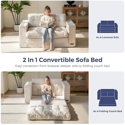 MAXYOYO Convertible Sofa Bed, Pull Out Loveseat Sofa Couch | 2 in 1 Folding Couch Bed, Fold Out Floor Couch with Pillows for Living Room Bedroom Lounge, Beige thumbnail 4
