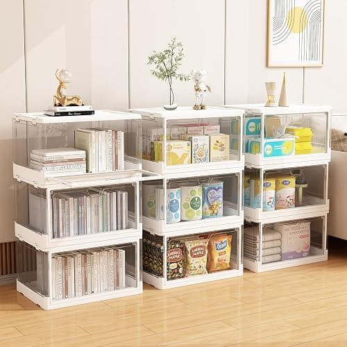 HYBRIDEAS 3-Pack Clear Stackable Storage Bins with Lids Magnetic Doors Open Front Foldable Folding Plastic Craft Containers Large Closet Organizers Box for Bedrooms Living Rooms Study Kids' Toys 24 QT thumbnail 2