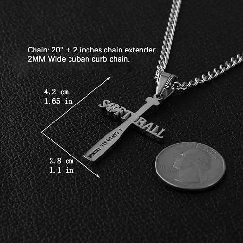 HZMAN Softball Bat Cross Pendant, I CAN DO ALL THINGS STRENGTH Bible Verse Stainless Steel Necklace thumbnail 3