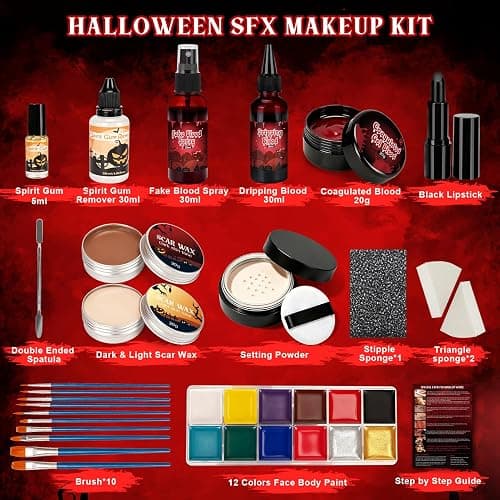 Halloween SFX Makeup Kit 24pcs for Adults Zombie Vampire Cosplay | 3 Kinds of Fake Blood+Scar Wax+Oil Face Paint Kit, Setting Powder, Brushes, Sponges, Professional Special Effects Makeup Kit thumbnail 2