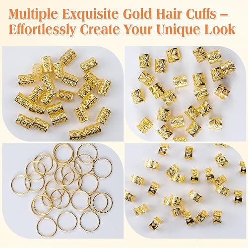 100 Pcs Gold Hair Jewelry for Braids, Gold Hair Cuffs | 4 Styles Dreadlock Accessories, Adjustable Metal Hair Clips, Hair Rings Braiding Decorations for Women Men thumbnail 5