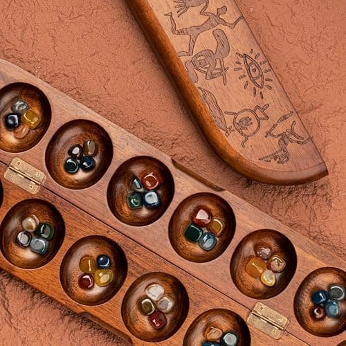 Lingle Deluxe Mancala Set: Real Wood Hinged Board with 48 Natural Multicolor Stones - Authentic African Petroglyphs, Foldable Design for 2-Player Strategy Game thumbnail 4