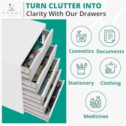 Naomi Home Office File Cabinets Wooden File Cabinets for Home Office Lateral Cabinet Wood Cabinet Mobile Mobile Storage Filing Storage Drawer White 5 Drawer thumbnail 4