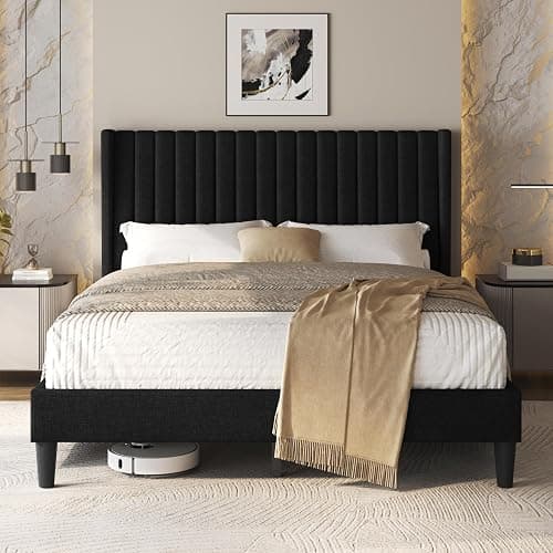 Yaheetech Queen Bed Frame Upholstered Platform Bed with Fabric Headboard, Wing Edge Design/Non-Slip and Noise-Free/Wooden Slats Support/No Box Spring Needed/Easy Assembly, Black Queen Bed - Image 1