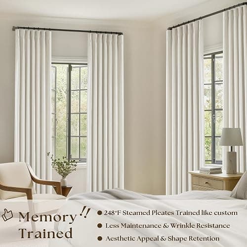 90 Inch Pinch Pleated Linen Blackout Curtains 2 Panels for Living Room Cream Natural 100% Black Out Curtains 90 Inches Long Pinch Pleat Dual Layer Drapes Birch Ivory Drapes for Dining Bedroom Office thumbnail 2