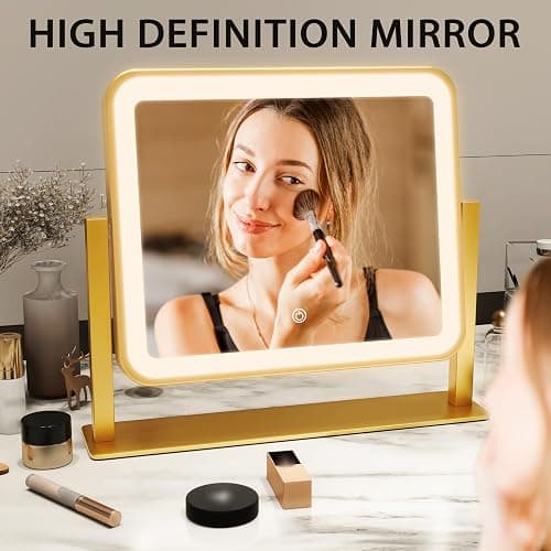 ROLOVE Gold Lighted Makeup Mirror, 14"x12" Vanity Mirror with Smart Touch Control, 3-Color Dimmable Lighting, 360° Rotation for Desk or Bedroom thumbnail 5