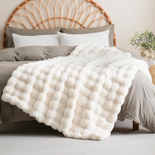 BENVWE Faux Fur Throw Blanket for Couch Bed - Fluffy Soft Thick Bubble Blanket for Living Room Home Decor - Mothers Day Birthday Gifts for Women, Cream White, 63" x 80" thumbnail 9