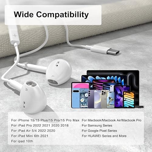 JYCHEYI USB C Headphones Wired for iPhone 17/16/15 Series, for iPad Pro Air 5/4/Mini 6/iPad 10th, Type C Earbuds for MacBook Pro/air, Control Microphone, Volume, Music thumbnail 2
