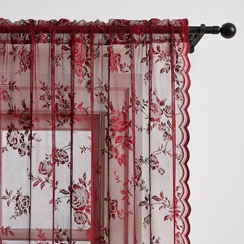 Burgundy Lace Curtains 84 Inches Long Vintage Floral Curtains 2 Panels for Bedroom Living Room Rod Pocket Light Filtering Maroon French Romantic Window Curtains Modern Wine Decor Neutral, 52x84 - 52"W x 84"L (Pack of 2) - Burgundy thumbnail 4
