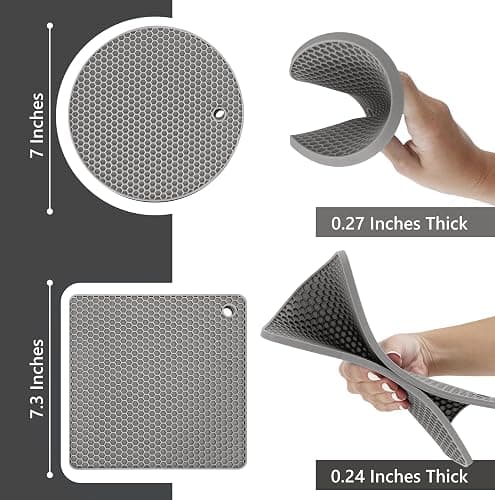 Silicone Trivets for Hot Pots & Pans (4 Pack) - Multipurpose Trivets for Hot Dishes, Silicone Heat-Resistant Mats for Kitchen by Linda’s Essentials, Non-Slip Counter Protector (Grey) - (2 Pcs Round 7 Inch + 2 Pcs Square 7.3 Inch -Grey) thumbnail 3