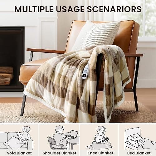 blunique Heated Blanket Electric Throw-50''x60''Ultra Soft Cozy Plaid Flannel Fast Heating Electric Blanket with 10 Heat Levels & 10 Hours Auto Off, ETL Certified, Keep Warm in Couch Bed Office(Khaki) thumbnail 9