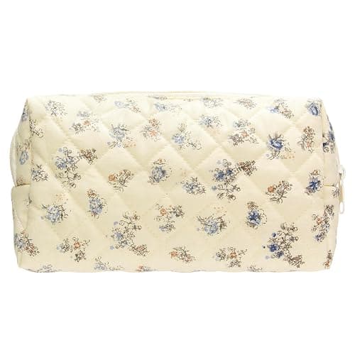 PAZIMIIK Vintage Quilted Makeup Bag Cosmetic Pouch for Brushes Pencils and Travel Make Up Accessories for Women and Girls Floral Blue - Image 1