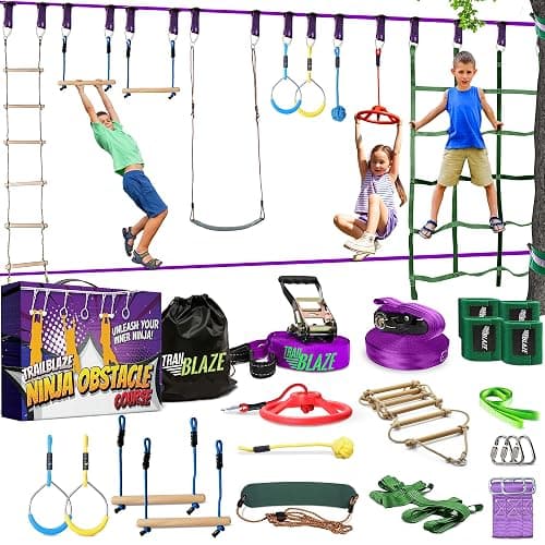 Ninja Warrior Obstacle Course for Kids Workout Equipment, 2 x 55ft Slacklines with 10 Weatherproof & Durable Ninja Kids Toys - Ninja Course for Kids Outside , Kids Obstacle Course Backyard - Image 1