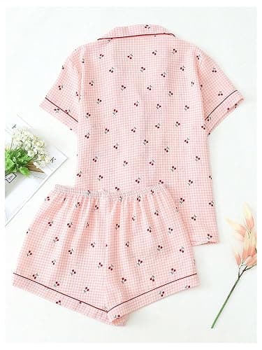 BEAUDRM Women's Two Piece Pajama Sets Allover Print Short Sleeve Sleepwear Button Down Shirt and Bow Shorts Pj Set Loungewear thumbnail 2
