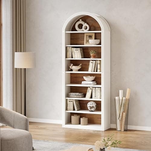 LITTLE TREE 8-Tier Bookcase, 78.7" Tall Bookshelf with Arched Top, Large Freestanding Wooden Open Bookcase Bookshelf, Modern Book Shelf Organizer for Living Room, Bedroom, Office, Library, White Brown thumbnail 3