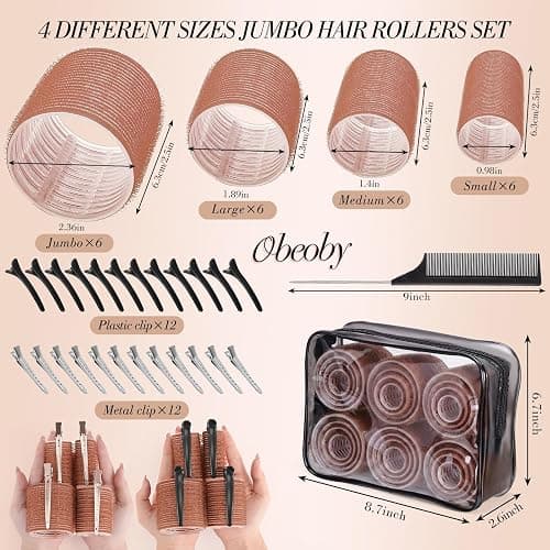 obeoby 4 Sizes Hair Rollers for Women Brown Self-Grip Curler Set with Clips | (25, 36, 48, 60mm) Jumbo Large Big Small Plastic for Long Short Curly Bangs Heatless Styling Accessories Home Travel Gifts thumbnail 2