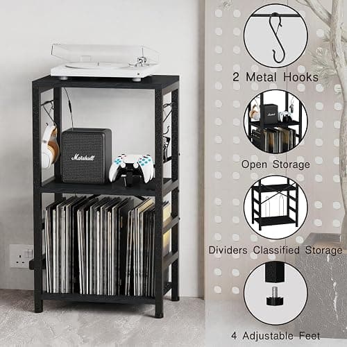 YAKANJ End Table with LED Light,Record Player Stand with Albums Storage,Vinyl Records Storage,Turntable Stand Side Table for Music Room Studio Living Room Bedroom-Modern Black thumbnail 7