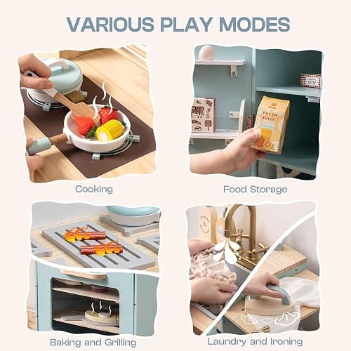 ROBUD Wooden Play Kitchen Set, Kids Toy Kitchen Set with Realistic Design, Utensils, Ice Maker, Fridge, Oven, Washer, Modern Style Play Kitchen with Accessories, Ideal Gift for Boys & Girls, Blue thumbnail 6