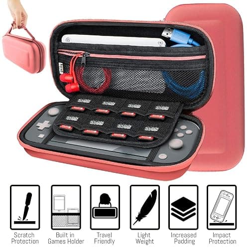 Orzly Accessories Bundle Compatible for use with Nintendo Switch Lite - Protective Case & Screen Protector, USB Cable, Games Holder, Grip Case, Headphones, Thumb-Grip Pack & More (Coral) thumbnail 4