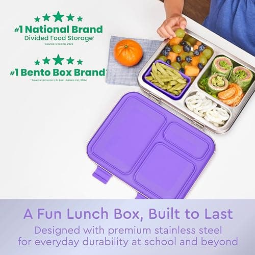 Bentgo Kids Stainless Steel Leak-Resistant Lunch Box - 3-Compartments with Bonus Silicone Container, Durable, Eco-Friendly, Dishwasher Safe, BPA-Free, Ideal for School, Ages 3+ (Purple) thumbnail 3
