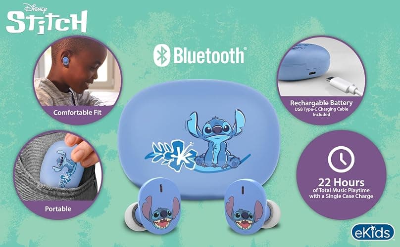 eKids Disney Stitch Wireless Earbuds with Microphone, Bluetooth Earbuds with Charging Case for Ear Buds, Designed for School, Home, or Travel thumbnail 2