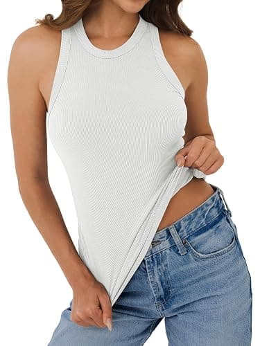GKBK Womens Racerback Tank Tops Ribbed High Neck Sleeveless Casual Summer Basic Slim Fitted Tank Cami Shirts thumbnail 4