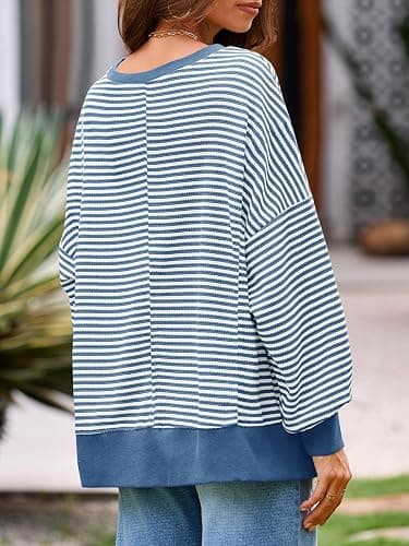 Fisoew Women's Fall Oversized Sweatshirt Casual Waffle Knit Long Sleeve Crewneck Split Pullover Tunic Tops thumbnail 4