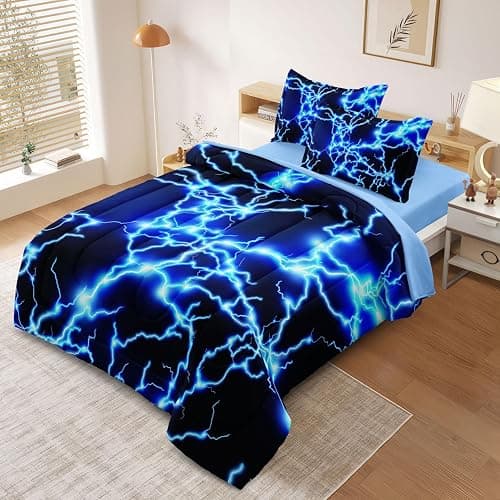 Leaflin Twin Size Bed in A Bag Lightning Bedding Set for Boys Blue Comforter with Sheet Set, 5 Pieces Kids Teen Cool Quilt Bedding Set thumbnail 2