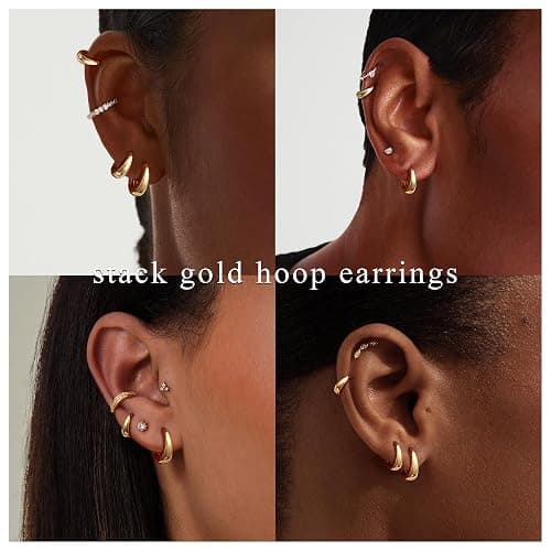 Foxgirl 4 Pairs Small Chunky Huggie Hoop Earrings for Women - Dainty 14K Gold Plated Hypoallergenic Lightweight Stack Earring Sets for Multiple Piercing Trendy Jewelry thumbnail 4