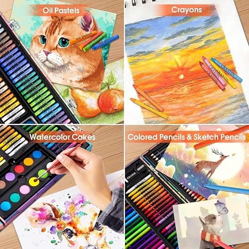 Art Supplies, 180 Pack Drawing Painting Set for Kids Girls Boys Teens, Coloring Art Kit Gift Case with Clipboard, Coloring Papers, Oil Pastels, Crayons, Colored Pencils, Watercolor Cakes, Markers thumbnail 5