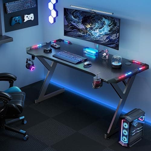 HLDIRECT 40 INCH Gaming Desk with LED Lights, Home Office Gamer Desk, Ergonomic Computer Table with Large Carbon Fiber Desktop, Office Workstation, Cup Holder & Headphone Hook, Black thumbnail 2