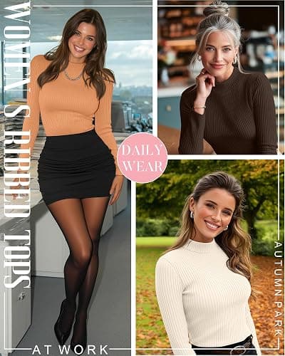 Riyiper 3 Pack Women's Mock Neck Tops Ribbed Long Sleeve Shirts | Mock Turtlenecks, Slim Fitted Undershirts, Basic Workout Layering Tees, Turtle Necks Blouses, Ladies' Business Casual Clothes thumbnail 2