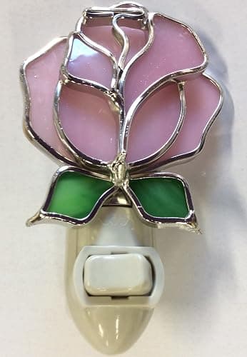 Pink Rose Stained Glass Night Light – Decorative Floral Accent Lamp – Plug-in Night Light for Hallway, Bedroom, Bathroom, Kitchen – Tiffany-Style Glass Flower Light - Image 1