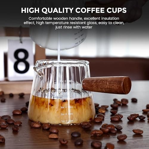 Espresso Measuring Cup 6 Oz, Espresso Glass Cups with Wood Handle, Milk Frothing Cup, Espresso Cup for Coffee, Milk, Tea or Maple Syrup Serving thumbnail 4
