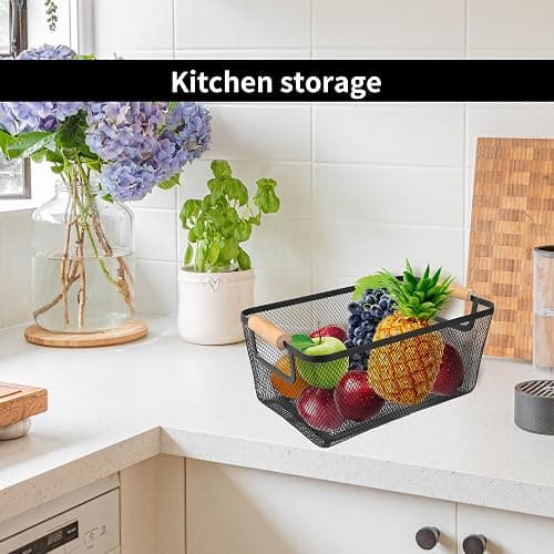 2 Pack 12" Wide Metal Mesh Baskets with Bamboo Handles for Pantry Organization | Wire Storage Bins for Kitchen, Cabinet, Fruit & Snacks | Decorative Farmhouse Style Organizer thumbnail 2