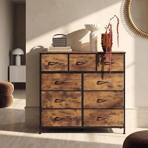 WLIVE Tall Dresser for Bedroom, 9 Drawer Chest of Drawers, Rustic Brown | 9 roomy fabric drawers, Tall storage design, Bedroom or closet use, Sturdy steel frame, Smooth wood tabletop thumbnail 5